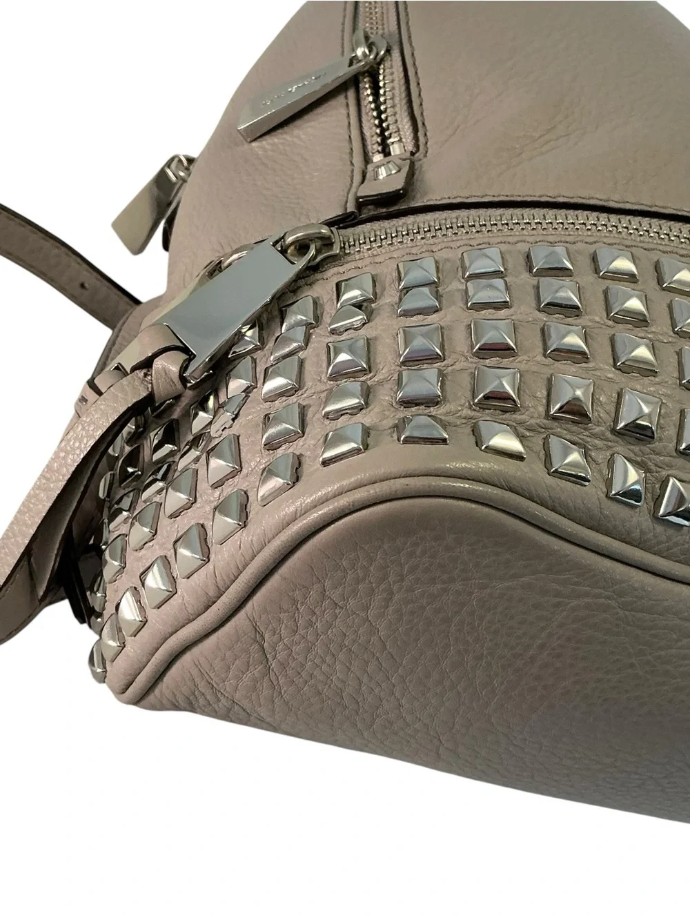 MICHAEL KORS Rhea Zip Studded Backpack Pebbled Leather Bag Pearl Gray- 12